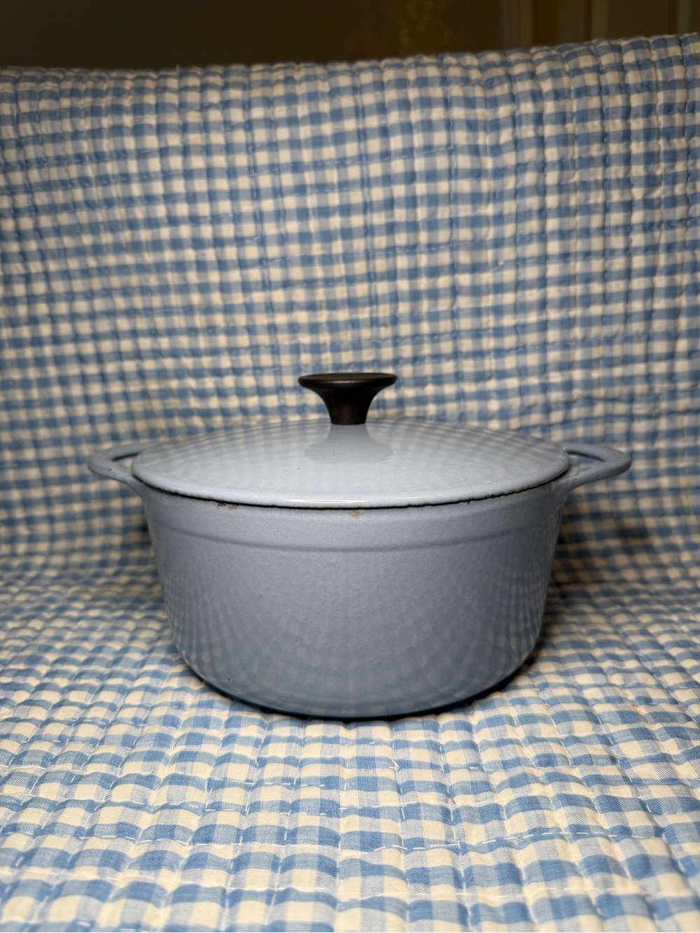 Vintage Cousances #18 Blue Enameled Cast Iron Round Dutch Oven with Lid